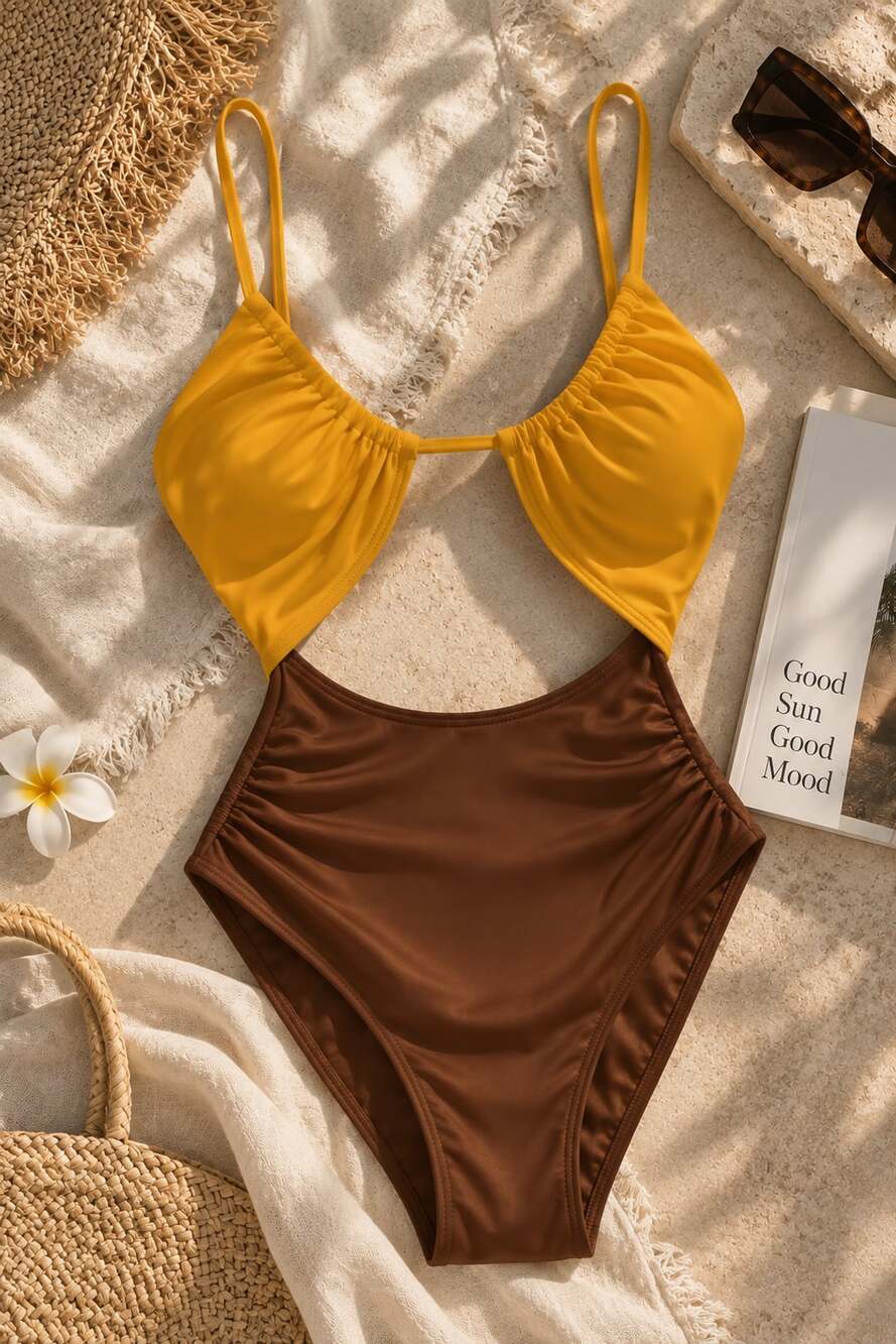 One Piece Swimsuit Cut Out Monokini XXL Brown Yellow